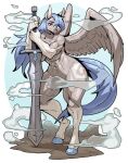 2024 5_fingers abs aether_(aetherflame1397) anthro biceps big_breasts blue_hair breasts ceehaz cloud convenient_censorship equid equine eyeshadow feathered_wings feathers female fingers hair hair_over_eye holding_object holding_weapon hooves leaning_on_object long_hair looking_at_viewer makeup mammal mane melee_weapon muscular muscular_female mythological_creature mythological_equine mythology navel nude one_eye_obstructed pegasus quads solo standing sword tail thick_thighs weapon wide_hips wings