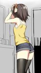  adjusting_hair armpits arms_up ass bedroom black_legwear breasts brown_hair camisole curtains denim denim_shorts from_behind indoors original short_shorts shorts sketch sky_(freedom) sky_(sky-freedom) small_breasts solo standing thighhighs thighs two_side_up tying_hair 