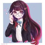  1girl :d adjusting_eyewear black_jacket blazer blue_background blue_ribbon border brown_hair collared_shirt cropped_torso glasses gradient_hair grin hair_ornament hairclip hand_on_eyewear highres honkai:_star_rail honkai_(series) jacket long_hair looking_at_viewer multicolored_hair neck_ribbon open_clothes open_jacket open_mouth outline outside_border pink_eyes pink_outline red_hair ribbon sakurano_106 school_uniform shirt simple_background smile solo sparkle_(honkai:_star_rail) straight_hair teeth twitter_username white_border white_shirt 