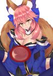  animal_ears bad_id bad_pixiv_id bell bell_collar blue_legwear bow breasts cleavage collar detached_sleeves fate/extra fate_(series) fox_ears fox_tail hair_bow hair_ribbon highres japanese_clothes kanikou large_breasts pink_hair ribbon solo tail tamamo_(fate)_(all) tamamo_no_mae_(fate) yellow_eyes 