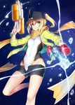  adapted_costume ahoge artoria_pendragon_(all) artoria_pendragon_(swimsuit_archer) baseball_cap blonde_hair covered_navel dual_wielding fate/grand_order fate_(series) green_eyes groin hat holding jacket kodama_yuu mysterious_heroine_x open_clothes open_jacket ponytail scarf short_shorts shorts solo swimsuit unbuttoned water water_gun 