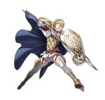  armor boots braid cape fire_emblem fire_emblem_heroes full_body gloves green_eyes highres kozaki_yuusuke long_hair low_ponytail official_art polearm serious sharena shield short_shorts shorts solo spear teeth thigh_boots thighhighs transparent_background weapon 