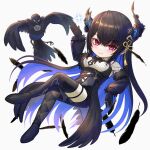  1girl asymmetrical_horns bird black_cape black_gloves black_hair black_thighhighs black_wings blue_hair cape colored_inner_hair crossed_legs crow demon_horns feathered_wings feathers fur-trimmed_sleeves fur_trim gloves highres hololive hololive_english horns long_hair looking_at_viewer mole mole_under_eye multicolored_hair nerissa_ravencroft nerissa_ravencroft_(1st_costume) red_eyes ruraji shadow_(nerissa_ravencroft) shirt smile thigh_strap thighhighs very_long_hair virtual_youtuber white_background white_shirt wings 