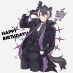  1boy animal_ear_fluff animal_ears black_coat black_gloves black_hair coat fugampiyo gloves gun hair_between_eyes hand_in_pocket happy_birthday highres holding holding_gun holding_weapon holostars jackal_boy jackal_ears jackal_tail kageyama_shien kageyama_shien_(1st_costume) looking_at_viewer male_focus necktie nekoyama_shien one_eye_closed open_clothes open_coat signature smile solo sparkle tail virtual_youtuber weapon white_background white_hair white_necktie yellow_eyes 