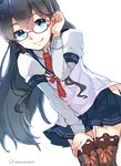  black_hair blue_eyes commentary_request glasses hair_flip hair_ribbon hairband hip_vent kantai_collection long_hair looking_at_viewer meru_(merumumu) military military_uniform miniskirt naval_uniform neckerchief ooyodo_(kantai_collection) ribbon school_uniform serafuku skirt smile solo thighhighs tress_ribbon twitter_username uniform zettai_ryouiki 