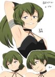  1girl 4shi arm_strap armpit_focus armpits bare_shoulders black_choker black_dress breasts choker collarbone commentary_request double-parted_bangs dress green_hair grey_eyes hair_between_eyes highres long_hair multiple_views o-ring o-ring_choker ponytail presenting_armpit side_ponytail simple_background small_breasts smile sousou_no_frieren teeth ubel_(sousou_no_frieren) upper_body white_background 