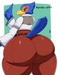 2024 anthro avian big_butt biped bird butt clothed clothing digital_media_(artwork) falco_lombardi falcon falconid hi_res huge_butt huge_thighs hyper hyper_butt hyper_hips hyper_thighs ll-ss looking_back male nintendo rear_view simple_background smile solo star_fox thick_thighs wide_hips