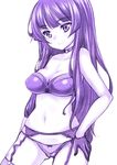  bangs blunt_bangs bow bow_bra bow_panties bra breasts choker cleavage closed_mouth commentary_request cowboy_shot cross garter_belt gloves hand_on_hip hime_cut long_hair looking_at_viewer medium_breasts monochrome original panties purple shiromitsu_suzaku solo standing thighhighs underwear 