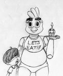  2016 animatronic anthro avian bib bird black_and_white candle chica_(fnaf) chicken child cupcake duo english_text female five_nights_at_freddy&#039;s food human inkyfrog looking_at_viewer machine male mammal monochrome robot simple_background text traditional_media_(artwork) tray video_games white_background young 