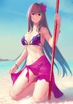  beach bikini bracelet breasts cleavage day fate/grand_order fate_(series) flower gae_bolg hair_flower hair_ornament hibiscus jewelry kigo_mokuyou kneeling large_breasts long_hair midriff navel ocean outdoors polearm purple_bikini purple_hair purple_sarong red_eyes sarong scathach_(fate)_(all) scathach_(swimsuit_assassin)_(fate) solo spear swimsuit very_long_hair water weapon 
