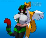 anthro big_breasts big_penis blush bodily_fluids breast_grab breast_squish breasts canid canine chromer.exe chromer_exe collar collar_only domestic_cat duo erection felid feline felis fox genital_fluids genitals green_eyes green_hair green_nipples green_penis hair hand_on_breast hi_res huge_breasts huge_penis intersex intersex/male kutsune_the_fox male mammal nipples nude penis precum size_difference squish tail text
