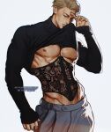  1boy bara bare_pectorals black_corset black_sweater blonde_hair brown_pants clothes_lift corset highres jujutsu_kaisen large_pectorals looking_at_viewer male_focus muscular muscular_male nanami_kento nipples pants pectorals short_hair simple_background solo sweater sweater_lift twitter_username umikochannart white_background 