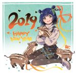  1girl 2019 :d animal aqua_background artist_name bangs bf._(sogogiching) black_legwear blue_hair blush boar commentary_request double_bun dress hair_ornament happy_new_year heart high_heels holding holding_animal leaf_hair_ornament long_sleeves looking_at_viewer new_year open_mouth original pantyhose paw_print pinafore_dress plaid plaid_dress print_legwear ribbed_sweater shoes short_hair smile solo sweater turtleneck turtleneck_sweater white_footwear white_sweater yellow_eyes 