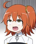  ahegao ahoge commentary_request eyebrows_visible_through_hair fate/grand_order fate_(series) fujimaru_ritsuka_(female) masara masara_ahegao open_mouth orange_hair orange_scrunchie rolling_eyes scrunchie short_hair side_ponytail solo upper_body yellow_eyes 