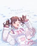  1girl ;d blush breath brown_hair capelet dated fur-trimmed_capelet fur_trim happy_birthday highres idolmaster idolmaster_shiny_colors looking_at_viewer lying mochi_(1021208) on_back on_ground one_eye_closed red_hair shirt sidelocks sleeveless sleeveless_shirt smile snow solo sonoda_chiyoko twintails upper_body v white_capelet 