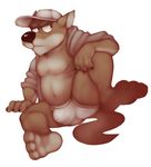  barefoot baseball_cap briefs bulge canine clothed clothing concupisco cousin_dave coyote front_view hand_on_knee hat looking_away male mammal navel open_shirt overweight plantigrade sitting solo spread_legs spreading underwear 