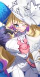  1girl agibe blonde_hair blue_eyes breast_strap breasts claws diabellze_of_the_original_sin dress duel_monster eye_of_horus gloves hat highres large_breasts long_hair multicolored_hair one_eye_closed purple_hair smile snake-eyes_poplar streaked_hair white_dress witch_hat yu-gi-oh! 