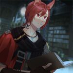  1boy black_scarf book braid brown_gloves final_fantasy final_fantasy_xiv fingerless_gloves g&#039;raha_tia gg_dal gloves holding holding_book indoors library male_focus miqo&#039;te neck_tattoo open_book parted_lips red_eyes red_hair scarf solo tattoo 