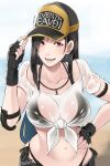  1girl adjusting_clothes adjusting_headwear baseball_cap bikini bikini_under_clothes black_bikini blurry blurry_background breasts brown_eyes butcha-u cleavage crop_top elbow_pads final_fantasy final_fantasy_vii final_fantasy_vii_ever_crisis fingerless_gloves front-tie_top gloves hand_on_own_hip hat highres navel official_alternate_costume see-through see-through_cleavage see-through_shirt shirt single_elbow_pad skirt smile solo stomach swimsuit teardrop_earrings thong_bikini tifa_lockhart tifa_lockhart_(lifeguard) two-tone_headwear upper_body wet wet_clothes wet_shirt whistle whistle_around_neck 
