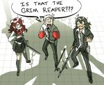  1girl 1other 2boys aragaki_shinjirou axe bow boxing_gloves chain english_text gimmie20dollas green_hair highres holding holding_axe kirijou_mitsuru meme multiple_boys panicking persona persona_3 rapier reaper_(persona_3) red_hair sanada_akihiko short_hair sword weapon white_hair 