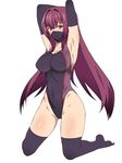  armpits arms_behind_head black_gloves black_legwear blush breasts competition_swimsuit covered_navel covered_nipples elbow_gloves face_mask fate/grand_order fate_(series) gloves groin highres kagemusha kneeling large_breasts long_hair looking_at_viewer mask one-piece_swimsuit purple_hair red_eyes scathach_(fate)_(all) scathach_(fate/grand_order) simple_background solo swimsuit thighhighs white_background 