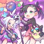  2girls black_hair black_jacket blue_dress blue_eyes blush dress freckles green_eyes guitar highres holding holding_guitar holding_instrument holding_microphone holding_plectrum instrument jacket koffing marnie_(pokemon) microphone morpeko morpeko_(full) multiple_girls open_clothes open_jacket open_mouth pink_dress playing_guitar plectrum pokemon pokemon_(creature) pokemon_bw2 pokemon_swsh purple_dress rgurei0529 roxie_(pokemon) two-tone_dress white_hair 