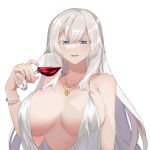  1girl :d alcohol blue_eyes bracelet breasts cup dress drinking_glass gg_dal grey_dress grey_hair highres holding holding_cup huge_breasts jewelry looking_at_viewer necklace revealing_clothes simple_background sleeveless sleeveless_dress smile solo upper_body white_background wine wine_glass 