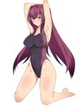 armpits arms_behind_head barefoot blush breasts competition_swimsuit covered_navel covered_nipples fate/grand_order fate_(series) groin highres kagemusha kneeling large_breasts long_hair looking_at_viewer one-piece_swimsuit purple_hair red_eyes scathach_(fate)_(all) scathach_(fate/grand_order) simple_background solo swimsuit white_background 