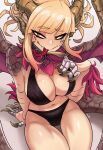  1girl absurdres arm_support black_panties blonde_hair boku_no_hero_academia breasts chinese_new_year choppy_bangs claws cleavage closed_mouth dragon_girl dragon_horns dragon_tail dragon_wings english_commentary fangs fangs_out hand_up highres horns large_breasts long_hair long_tongue looking_to_the_side malzeno_(monster_hunter) messy_hair monster_hunter_(series) monster_hunter_rise narrowed_eyes panties scales shiny_skin simple_background sitting skindentation slit_pupils smile solo tail thigh_gap toga_himiko tongue tongue_out underwear unusualpie white_background wings yellow_eyes 