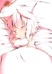  animal_ears bed blanket blush breasts chibi commentary fat hat highres impossible_clothes inubashiri_momiji large_breasts pillow pink_hair plump shirt shishi_juuroku short_hair sleeping sleeveless sleeveless_turtleneck solo tail thick_eyebrows tokin_hat touhou turtleneck under_covers wolf_ears wolf_tail 