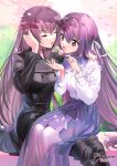  asakou_(n_morninglight) blush breasts closed_eyes dango eating fate/grand_order fate_(series) food highres large_breasts long_hair long_sleeves open_mouth purple_hair red_eyes scathach_(fate) scathach_skadi_(fate) wagashi 