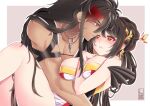  1boy 1girl ara_haan bare_shoulders biowan black_hair breasts couple earrings elsword face-to-face grin hair_ornament hairpin hetero hug jewelry large_breasts long_hair looking_at_another mechanical_arms multicolored_hair necklace partially_undressed raven_cronwell red_hair scar scar_on_chest scar_on_face sidelocks single_mechanical_arm smile streaked_hair thighs toned toned_male two-tone_hair veteran_commander_(elsword) yama_raja_(elsword) yellow_eyes 