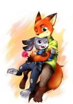  2016 anthro canid canine clothed clothing dipstick_ears disney duo female fox fully_clothed green_eyes happy hug judy_hopps lagomorph male mammal nick_wilde one_eye_closed open_mouth purple_eyes rabbit smile torte_(pixiv) wink zootopia 