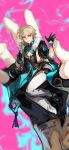  aqua_shirt aventurine_(honkai:_star_rail) black_footwear black_gloves black_jacket blonde_hair bracelet clothing_cutout collared_shirt dichlorvos121 dr._ratio_(honkai:_star_rail) fingerless_gloves fur_trim gloves hair_between_eyes highres honkai:_star_rail honkai_(series) jacket jewelry male_focus mini_person multicolored_eyes open_mouth out_of_frame pants pectoral_cleavage pectorals shirt short_hair smile white_pants 