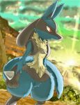 2022 3_fingers ambiguous_gender anthro black_body black_fingers black_hands blue_body blue_ears blue_fur blue_tail chest_spike featureless_crotch fingers fur generation_4_pokemon hi_res irago lucario multicolored_body multicolored_fur nintendo nude pokemon pokemon_(species) red_eyes solo spikes spikes_(anatomy) tail teeth