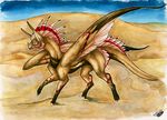  2014 brown_fur claws day dragon feathered_wings feathers feral fur natoli nude outside sand sky standing traditional_media_(artwork) wings 