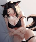  1girl animal_ears black_bra black_hair black_panties blush bra breasts cat_ears cat_girl cat_tail cleavage closed_eyes commentary_request commission erochi facial_mark female_masturbation final_fantasy final_fantasy_xiv grey_background highres lying masturbation medium_breasts medium_hair miqo&#039;te on_bed on_side open_mouth panties panties_around_one_leg pussy_juice sheet_grab sideways simple_background solo sweat tail underwear underwear_only vaginal warrior_of_light_(ff14) whisker_markings 