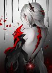  1girl absurdres acheron_(honkai:_star_rail) back back_focus backless_outfit blood blood_from_eyes blood_on_face falling_petals highres honkai:_star_rail honkai_(series) junker_art long_hair looking_at_viewer looking_back official_alternate_color official_alternate_eye_color official_alternate_hair_color petals rose_petals very_long_hair white_hair 
