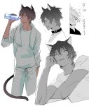  2boys animal_ears arjuna_(fate) belt_collar bottle brown_eyes brown_hair cat_boy cat_ears cat_tail collar commentary_request dark-skinned_male dark_skin drinking fate/grand_order fate_(series) hair_between_eyes holding holding_bottle karna_(fate) male_focus multiple_boys multiple_views pants partially_colored profile shirt short_hair sketch solo_focus standing staring sweatpants tail towel towel_around_neck water_bottle white_background white_shirt yamakawatani yawning 
