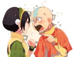  1boy 1girl aang anger_vein angry avatar:_the_last_airbender avatar_legends bald black_hair green_shirt grey_eyes long_sleeves looking_at_another open_mouth pointing pom_pom_(clothes) shirt t_k_g toph_bei_fong upper_body v-shaped_eyebrows white_background yellow_shirt 