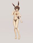  1girl absurdres animal_ears breasts brown_hair commission corruption full_body grey_background hand_on_own_chest highres liquid looking_at_viewer medium_breasts nude original pussy rabbit_ears rabbit_girl rabbit_tail shen_hai_ichigo short_hair solo standing tail variant_set yellow_eyes 