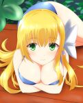  1girl arm_support arms_under_breasts bikini blonde_hair blue_bikini blush bow breasts cleavage closed_mouth commentary crossed_arms eyes_visible_through_hair feet_out_of_frame green_eyes hair_between_eyes hair_bow hair_spread_out highres huge_bow kanemoto_akari komatsu_(sakanae) large_breasts long_hair looking_at_viewer lying noble_works on_stomach shiny_skin skindentation smile solo swimsuit upturned_eyes white_bow 