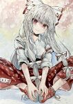  1girl bow butterfly_sitting closed_mouth collared_shirt commentary_request cross-laced_footwear fujiwara_no_mokou full_body grey_eyes grey_shirt hair_bow hands_on_own_feet head_tilt highres long_hair looking_at_viewer ofuda ofuda_on_clothes on_ground pants red_bow red_eyes red_footwear red_pants shirt shoes sitting sleeves_rolled_up smile solo suspenders suspenders_slip touhou very_long_hair white_bow yuzugoori 