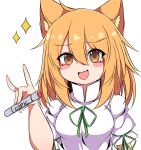  1girl :d animal_ears arm_behind_back blonde_hair blush breasts fox_ears fox_girl fox_shadow_puppet green_ribbon hair_between_eyes hand_up highres kudamaki_tsukasa long_hair looking_at_viewer medium_breasts ribbon siw0n smile solo sparkle test_tube touhou upper_body white_romper yellow_eyes 