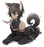  1boy absurdres animal_ears belt_collar black_gloves black_hair chain chain_leash collar collarbone commentary_request dark-skinned_male dark_skin dog_boy dog_ears dog_tail elbow_gloves expressionless eyelashes fingerless_gloves full_body gloves granblue_fantasy hair_between_eyes highres jamil_(granblue_fantasy) leash looking_at_viewer male_focus out_of_frame paw_pose scar seiza shadow short_hair sitting sleeveless solo tail tail_wagging twitter_username urjuwanwan white_background yellow_eyes 