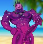 abs absurd_res balls beach_background big_muscles crown epic_games erection fortnite front_view genitals glans glistening glistening_balls glistening_body glistening_genitalia glistening_glans glistening_penis goo_creature goo_humanoid headgear heart_symbol hi_res humanoid humanoid_genitalia jewelry looking_at_viewer male moobs mostly_nude muscular muscular_male navel necklace one_eye_closed pecs penis poseidon_(fortnite) purple_body renishi_(artist) smile solo tongue tongue_out wink