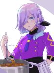  1girl apron artist_request blush cerejeira_elron cooking fate/grand_order fate_(series) food green_eyes hair_over_one_eye highres long_hair multicolored_hair ponytail purple_lips surprised 