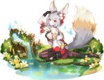 1girl animal_ear_fluff animal_ears backless_outfit bare_shoulders black_footwear black_shirt black_shorts black_thighhighs blunt_ends blush breasts bug bush butterfly detached_sleeves eversoul flower fox_ears fox_girl fox_tail from_side game_cg grey_hair hair_ornament haru_(eversoul) highres knife light_smile lily_pad looking_up medium_breasts multicolored_hair non-web_source official_alternate_costume official_alternate_hairstyle official_art outdoors red_eyes red_skirt shirt short_hair shorts sideboob single_sleeve sitting skirt solo tachi-e tail thigh_strap thighhighs transparent_background tree_hollow two-tone_hair water white_flower white_sleeves yellow_flower 