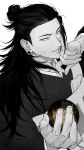  0hkkkk 1boy black_hair earrings getou_suguru greyscale hair_bun hand_to_own_mouth hands_up highres holding japanese_clothes jewelry jujutsu_kaisen kesa kimono long_hair looking_at_viewer male_focus monochrome orb parted_lips sideways_glance simple_background solo spot_color stud_earrings teeth white_background yellow_eyes 