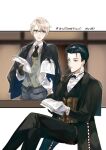  2boys ascot black_ascot black_coat black_gloves black_hair black_pants blonde_hair bow bowtie brooch coat collared_shirt fate/grand_order fate_(series) formal glasses gloves green_eyes grey_pants grey_vest hair_slicked_back holding holding_paper jacket jacket_on_shoulders jekyll_and_hyde_(fate) jewelry long_sleeves multiple_boys pants paper pipe_in_mouth sherlock_holmes_(fate) shirt sitting smoking_pipe standing suit vest white_gloves white_shirt yoczkw 